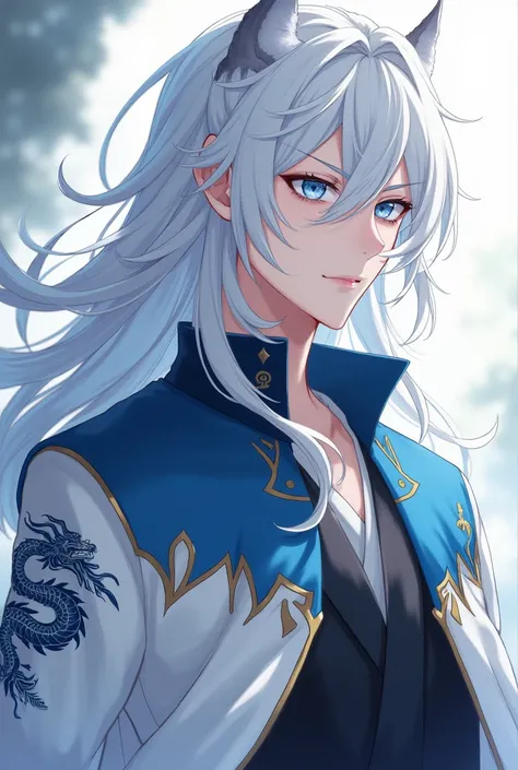 Laki-laki,ras human. long white hair . light blue eyes . Smooth white skin . clothes of white color , navy blue ,  and black color in the shape of a dragon . smooth white pants , light blue and black in the shape of a dragon . left hand has a tattoo of an ...