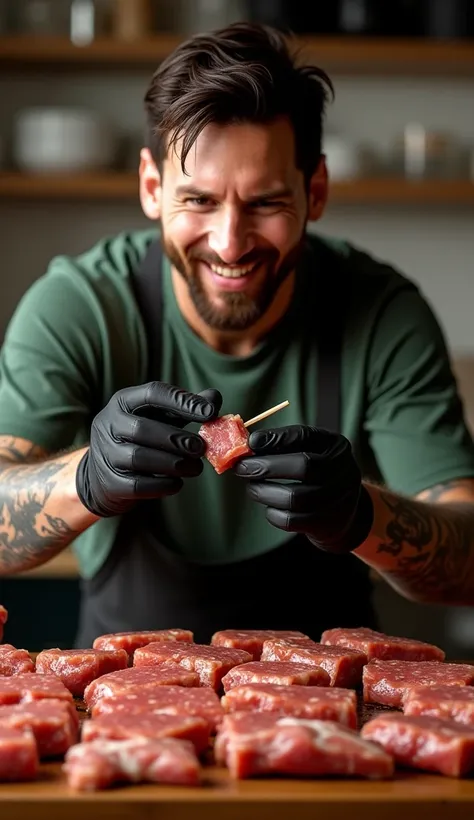 "Messi has a tattoo on his right arm and a black glove on his hands and holds a bamboo toothpick and sticks a small piece of meat in a small cube on the wooden stick, with a happy and focused expression.  There is a bench full of seasoned pieces of meat an...