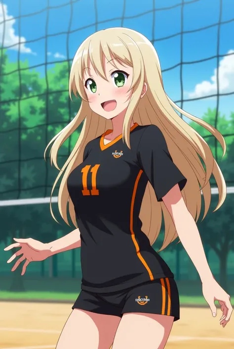 Haikyuu anime screenshot!!, Girl with long and wavy ash blond hair, almond-shaped green eyes,  Medium build ,  fair skin and with a little makeup,  dressed in a black volleyball uniform with orange details number 11, playing happily on a volleyball court 