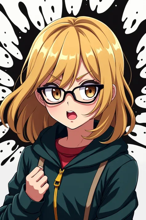 Anime mha .  medium-long blonde hair ,  pink lips,  brown eyes, glasses, And spilled black stuck