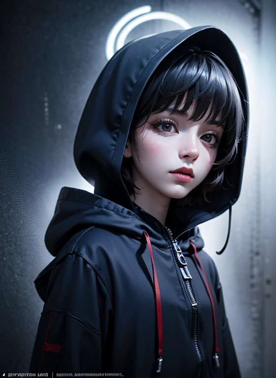 1girl, misaki (blue archive), halo, short hair, black hair, hood, empty eyes, intricate details, ethereal atmosphere, dramatic lighting, muted colors, cinematic composition, digital art, hyper realistic, masterpiece, (best quality,4k,8k,highres,masterpiece...