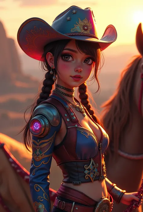 A 13 yr beautiful, attractive & strong lookinggirl, cyberpunk cowgirls wearing costume, American facial features. Wearing a colorfull cowboy hat, wearing a colorfull illuminating  cowboy attires, with a beautiful, strong horse by her side, holding and whip...