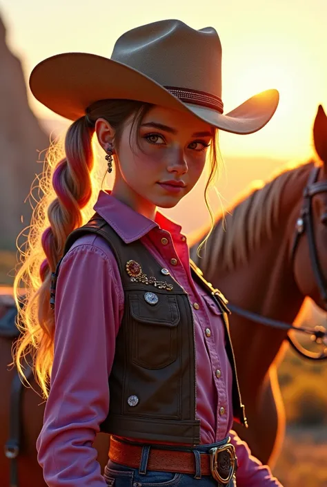 A 13 yr beautiful, attractive & strong lookinggirl, cyberpunk cowgirls wearing costume, American facial features. Wearing a colorfull cowboy hat, wearing a colorfull illuminating  cowboy attires, with a beautiful, strong horse by her side, holding and whip...