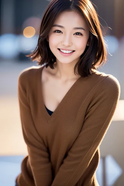 (8k, RAW photo, photorealistic, HQ, masterpiece), a cute Japanese woman, (glowing eyes), 
(Laugh with ones mouth wide open), brown hair, short hair, (Stylish early winter clothes), beautiful breasts, 
blurred background, depth of field, natural lighting, b...