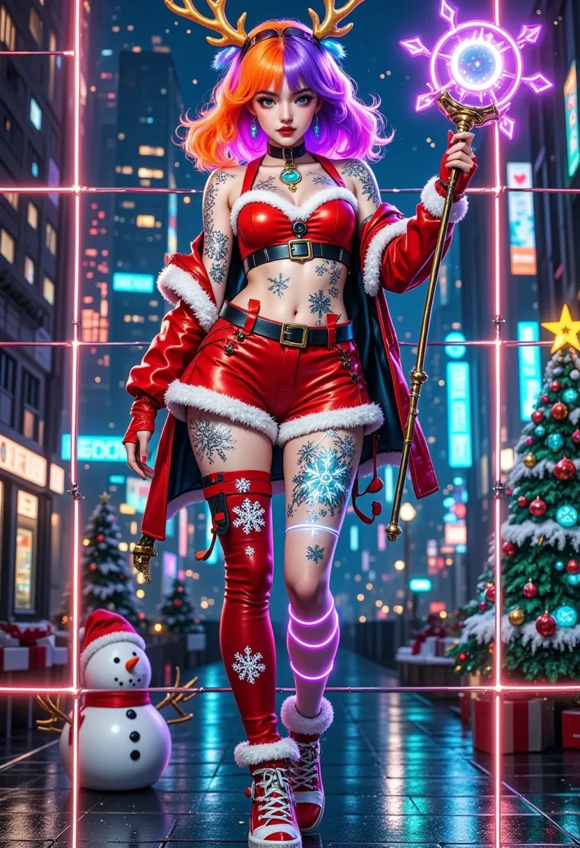 (vision)，wide angle，(full body shot:1.6)， surrealism, 1girl, cyberpunk femme fatale in christmas-themed attire, neon orange and ...