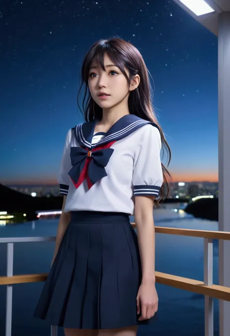  (Japanese Genius female idol Yuki in Japanese school sailor uniform :1.5 ) standing on floating observation deck, emotional moment as she watches aurora-like environmental purification systems in night sky, holographic diary entries floating around her, c...