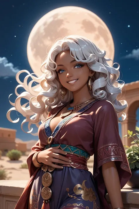 anime style,  sexy woman with long curly white hair, sculpture hair, 1girl, solo, night with the moon behind, dark-skinned female, moon, dark skin, desert, gypsy clothes, flirtatious smile