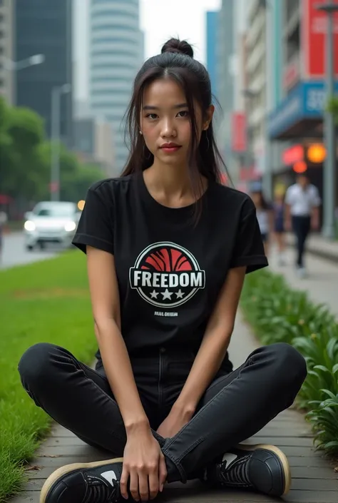 realistic, cinematic, Close-up, a beautiful Indonesian woman is sitting on the chair of a city garden with a background of buildings, roads, pedestrians and vehicles on the road. He wore a blackt-shirt with freedom logo, black jeans and sports shoes. She l...