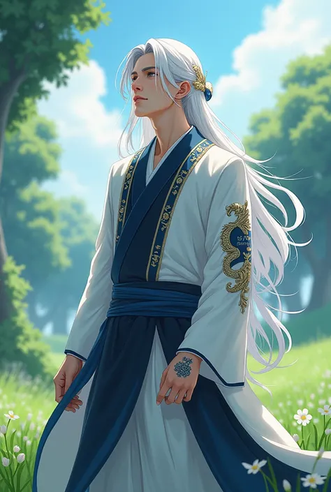 Laki-laki tampan,ras human. long white hair . light blue eyes .pupil of black color . Smooth white skin . clothes of white color , navy blue ,  and black color in the shape of a dragon . smooth white pants , light blue and black in the shape of a dragon . ...