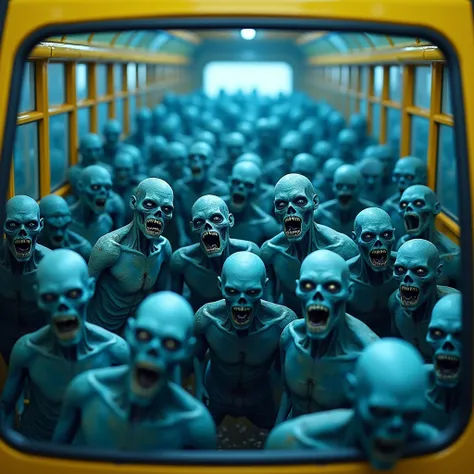  A group of blue zombies tightly packed on a yellow bus、Front view of the bus 、Holo、 high definition 、