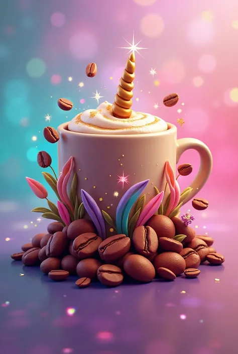 A cute logo of coffee beans with unicorn elements. Make it more colourful 