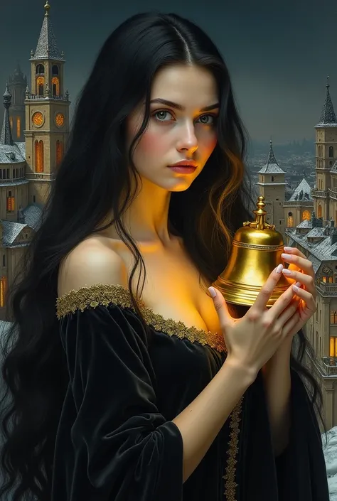 a very pale european woman, she holds a golden bell in her hand , long dark hair, big snowy city at night in background, detail richness, masterpiece, best quality, caravaggio painting style, painting style