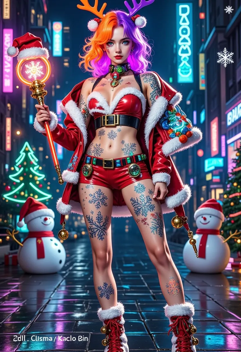 (vision)，wide angle，(full body shot:1.6)， surrealism, 1girl, cyberpunk femme fatale in christmas-themed attire, neon orange and ...