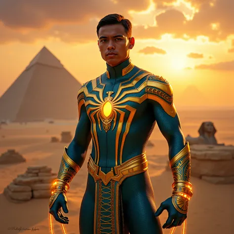 A unique artistic representation of superheroes inspired by spiderman, each reimagined to embody the cultural essence of Egyptian countries
Costume Design:
A shimmering gold and turquoise suit with intricate web patterns mimicking hieroglyphic designs, rad...