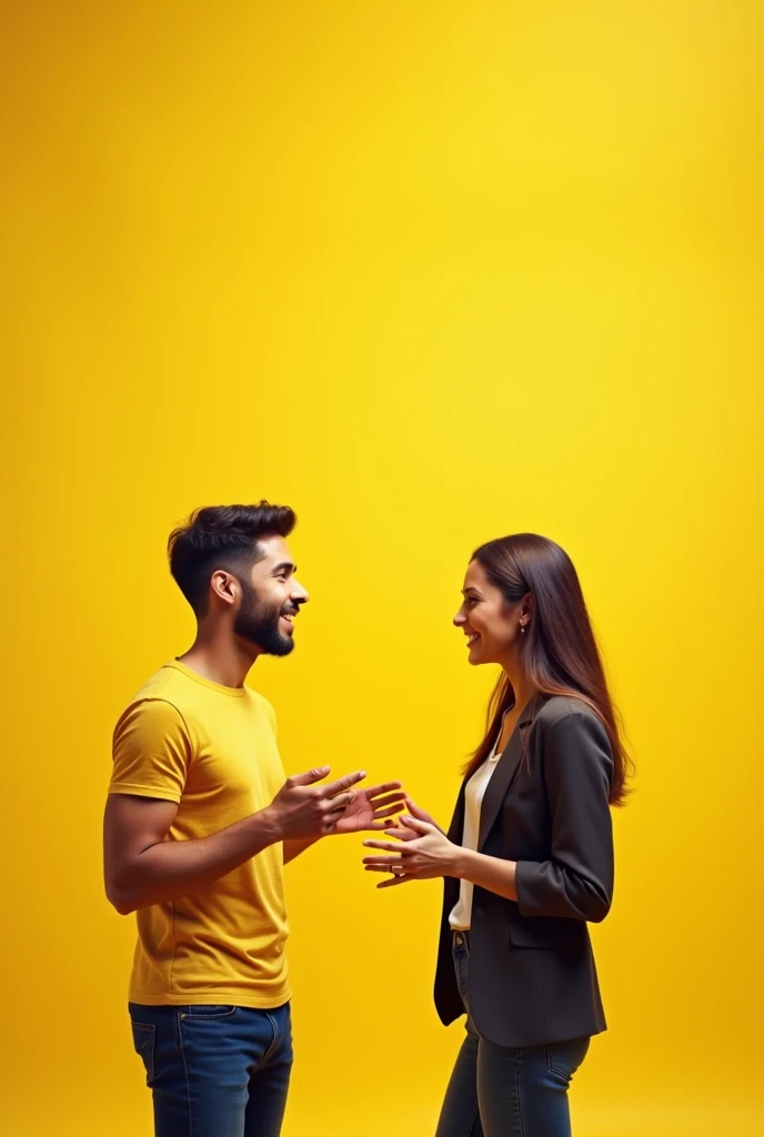 A yellow-colored application interface of two people talking about money 