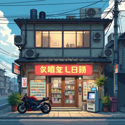 anime background, orthographic front view, of a detailed asian shop with lots of signs and products, trash cans, vents, air conditioners, cool temperature lighting, a few plants, weathered surfaces, vending machines, ATM, sports motorcycle parked in front,...