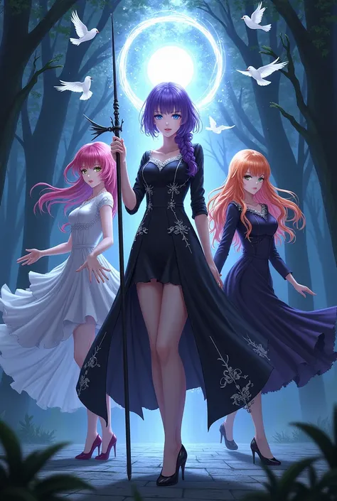  A woman with purple hair tied in a single braid behind ,  with cold blue eyes and a black dress with silver details in the tail of the dress on the floor and black heels in a dark forest making an orb of white light with a rod pointing upwards, illuminati...