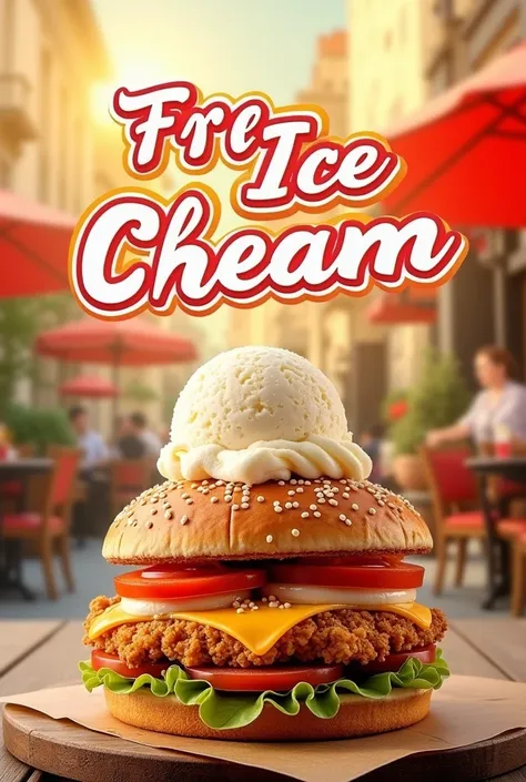 create me an advertisement that displays “Free Ice cream” on purchase of a chicken burger with a decent background