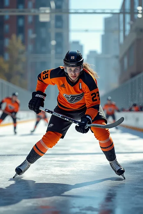  Rosalia playing ice hockey on the ice rink in Lobete in Logroño ,with the Millenium Ice Hockey team , with the orange and black kit with helmet 