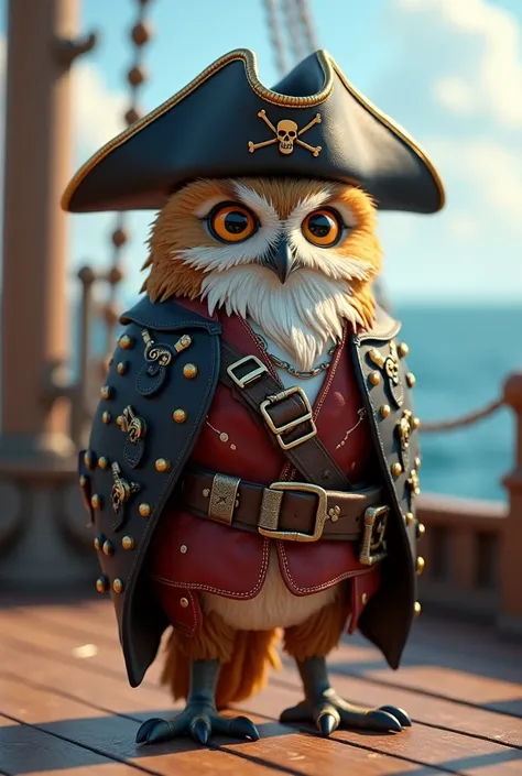 The 3D model of the digital character of an owl wearing a pirate dress.The pirate hat has a pirate and has a serious condition.With details such as belts, rifles and swords that show the subject of pirates.The background has a deck of the ship that improve...