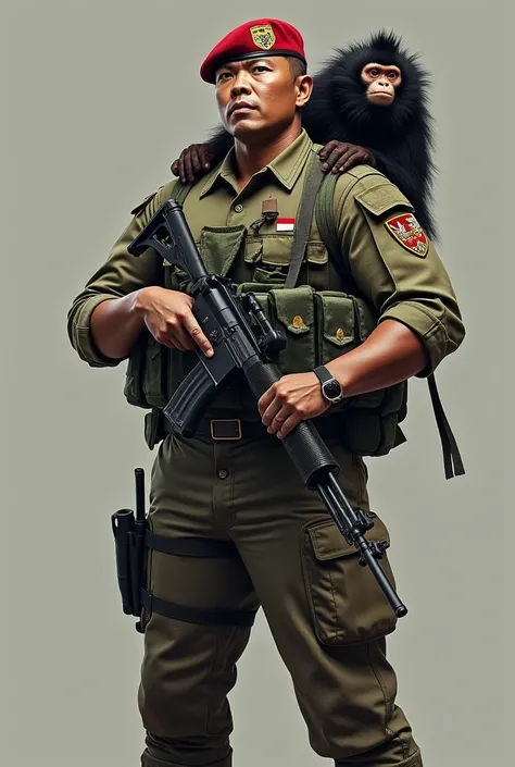 (photorealism:1.2),  indonesian army "  An impressive Indonesian soldier  , striped uniform wearing Indonesian loreng military uniform ,  with the red and white coat of arms of Indonesia on his uniform .  He holds an assault rifle in his hand , and giant j...