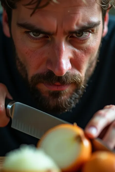 Close-up of a man eyes watering as you continue chopping onion