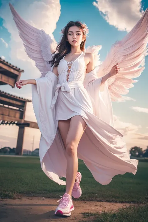 (( RAW photos )), ((masterpiece)), anthropomorphic humanoid angel girl wearing a white lady robe,  complex details,  running shoes, Intricate Grieble Piece , The sky behind, pink, Beautiful Feathers,  detailed eyes and lips