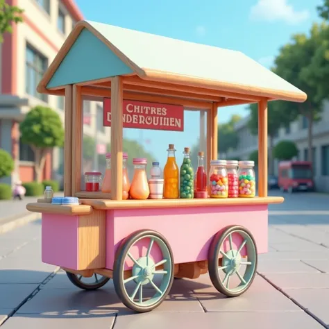 3D animated image: A traditional Indonesian street food cart labeled "Es Serut & Pudding", designed with realistic 3D details. The cart is made of wood with a pink and light blue color scheme, with two large wheels at the back and a smaller stand for balan...