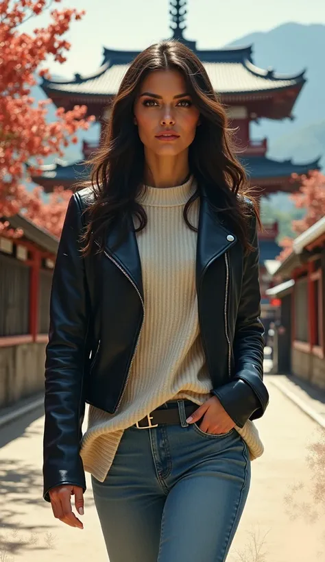 a beautiful spanish woman wearing a black leather jacket, an ivory ribbed knit sweater, and jeans, walking in front of a famous japanese landmark, realistic oil painting, watercolor wash, ink brush painting style, cinematic lighting, intricate details, war...