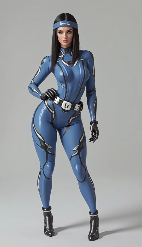  curvy woman,  green eyes,  straight black hair,  blue nanobots cyber suit with black and white designs.
 Black mechanical boots and gloves blue and white design .
 Full body character ,  super realistic .
Belt with letter  "D".
Headband with the word"Dani...