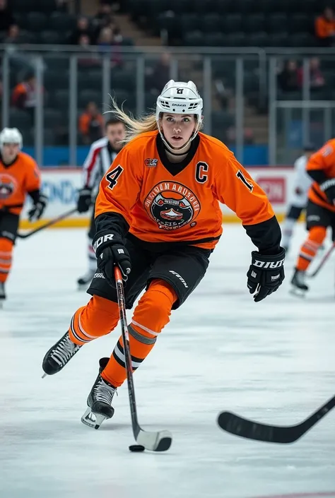 Rosalie ,The well-known world singer , playing ice hockey on the indoor ice rink,   from the Logroño Lobete sports center  , with the Millenium Ice Hockey team , wearing the orange and black kit with helmet ,