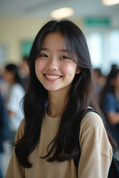 Fujifilm camera, high quality 4K detail portrait of a high school student girl in an international school, smiling and looking at the camera.