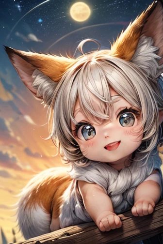 masterpiece， best quality， high definition ，8ｋ， detailed，cute，Chibi character，Personification， Baby Fox ，beautiful，Beautiful，Fluffy coat，Smiling face，(Small ears），