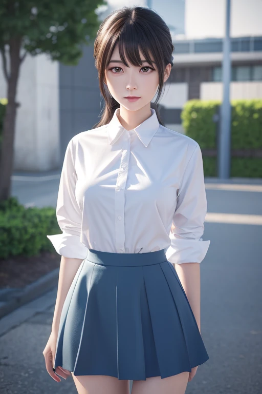  High Quality , 4K, in frame,  close-up portrait of a dark-haired woman wearing a white shirt and light blue skirt,  anime girl rendering like the picture,  cute 3d anime girl rendering  , April Rendering, Anime Virtual YouTuber Full Body Model , Full Body...