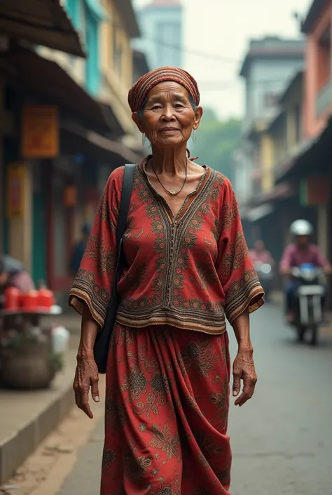 Create a realistic 4k high quality portrait of a middle aged Indonesian woman walking on the side of the road in a city in Indonesia. 