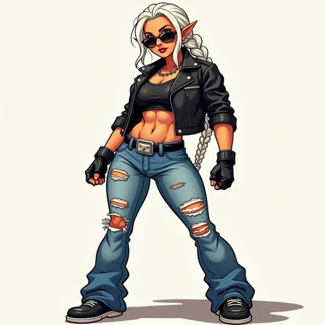 Full body adult anime sexy girl orc dressed in a classic biker girl outfit. She has a long white braided ponytail and is wearing a black leather jacket, blue jeans that are shredded near the knees, and Aviator shades. Cartoon style