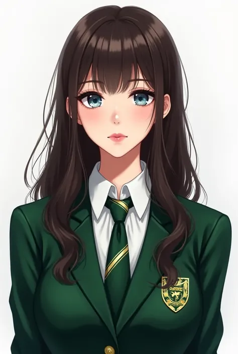 The image depicts a young woman with long, dark brown hair and striking blue eyes. Her hair is slightly tousled, and her bangs frame her face beautifully. She has a soft and natural makeup look, with rosy cheeks and glossy lips. She is dressed in a formal ...