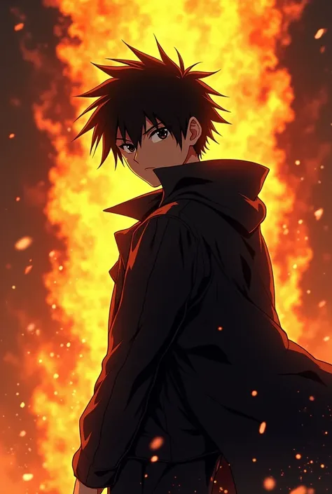 Anime boy with black hair and black jacket standing in front of a fire, okata kazuto., ****** anime, epic anime style, inspired by Okumura Masanobu, badass anime 8 k, como um  anime character , fire!!  full body , male anime style, young anime man, (fire),...