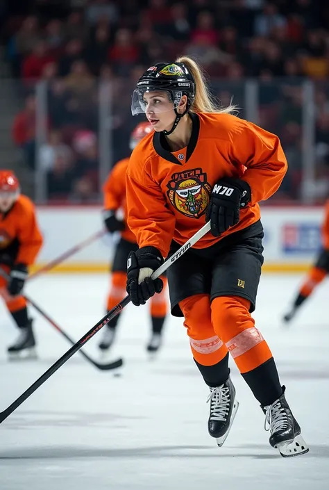 shakira ,The well-known world singer , playing ice hockey on the indoor ice rink,   from the Logroño Lobete sports center  , with the Millenium Ice Hockey team , wearing the orange and black kit with helmet ,