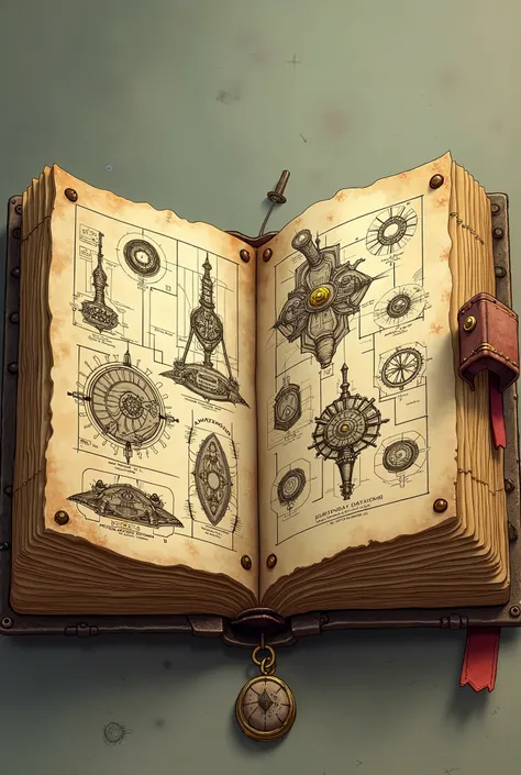 an open old rusty notebook full of blueprints of inventions. animation style