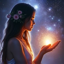 woman in profile, backlit,  long dark brown hair, in her hair flowers ,  in her hands the universe . 