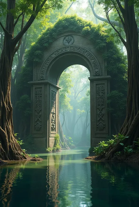 (photorealism:1.2),  the archway in the forest reads ," KEC MUARAGEMBONG "  around the mangrove forest  