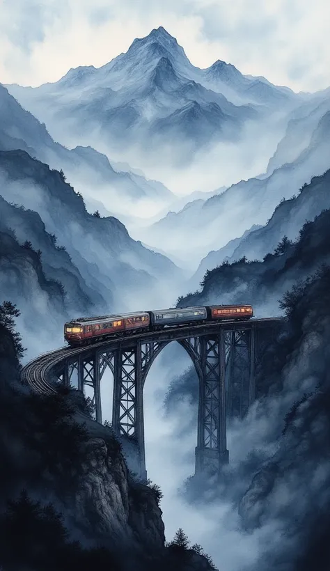 (masterpiece:1.2,Superior Quality,Mirror finish, Cinematic Experience, best illustration:2.0),8k,(Watercolor:2.0),(An old bridge shrouded in fog :2.0),(An old bridge is built in a mountainous area:2.0),( bridge over the mountainous area :2.0),( A freight t...