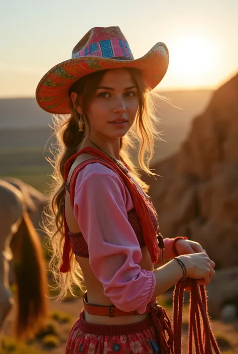 A 18 yr beautiful, attractive & strong lookinggirl, cyberpunk cowgirls wearing costume, American facial features. Wearing a colorfull cowboy hat, wearing a colorfull illuminating  cowboy attires, with a beautiful, strong horse by her side, holding and whip...