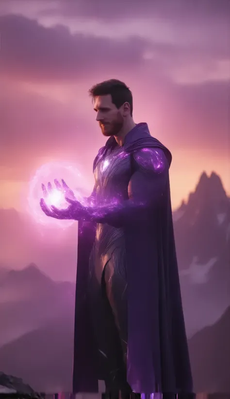 Hyper-realistic 8K artwork of Lionel Messi as a wise and powerful superhero, clad in a regal purple and silver suit, glowing with mystic energy, holding a glowing orb of light, standing on a mountain peak, with a sunset-lit sky, soft yet determined express...