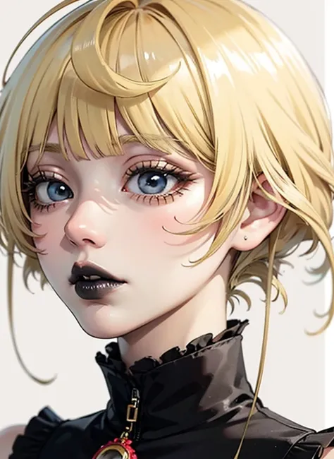 a close up of a woman with a black dress and black lipstick, blonde hime cut hair, with short hair, 1 7 - year - old anime goth girl, short pigtails hair, white hime cut hairstyle, sui ishida with blonde hair, with short hair with bangs, short blonde hair ...