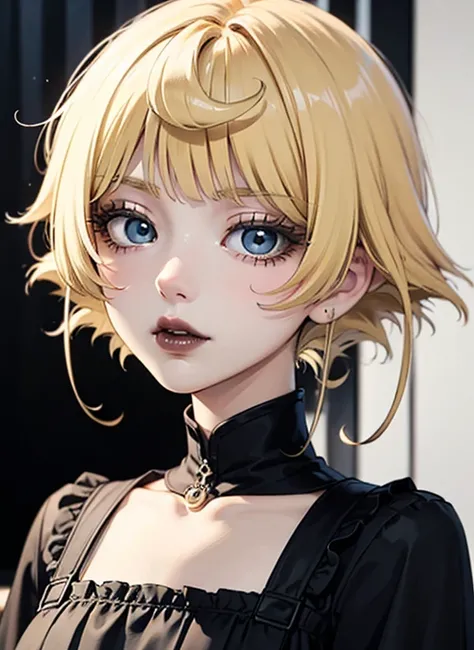 a close up of a woman with a black dress and black lipstick, blonde hime cut hair, with short hair, 1 7 - year - old anime goth girl, short pigtails hair, white hime cut hairstyle, sui ishida with blonde hair, with short hair with bangs, short blonde hair ...