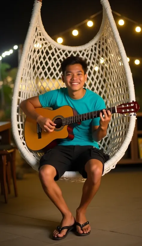 A 20-year-old Indonesian man, wearing a turquoise t-shirt. Wearing black cargo shorts. Wearing flip-flops, while holding a guitar. Sitting on a basket-shaped swing made of rattan with a white color. In the cafe yard, while posing facing the camera. The atm...