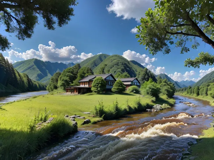 2K HD quality，rural，river，forest， Takayama， road， blue sky and white clouds , lake, rivers，And the mountain々，rural residence，A young girl is walking backwards