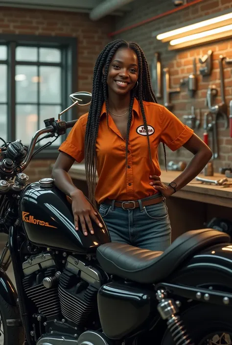  A young black woman with braided hair standing in a motorcycle repair shop,  next to a black and chrome Harley-Davidson Sportster cafe racer ,  shining under fluorescent light .  She wears an orange blouse with the logo KF Motos .   The young woman holds ...